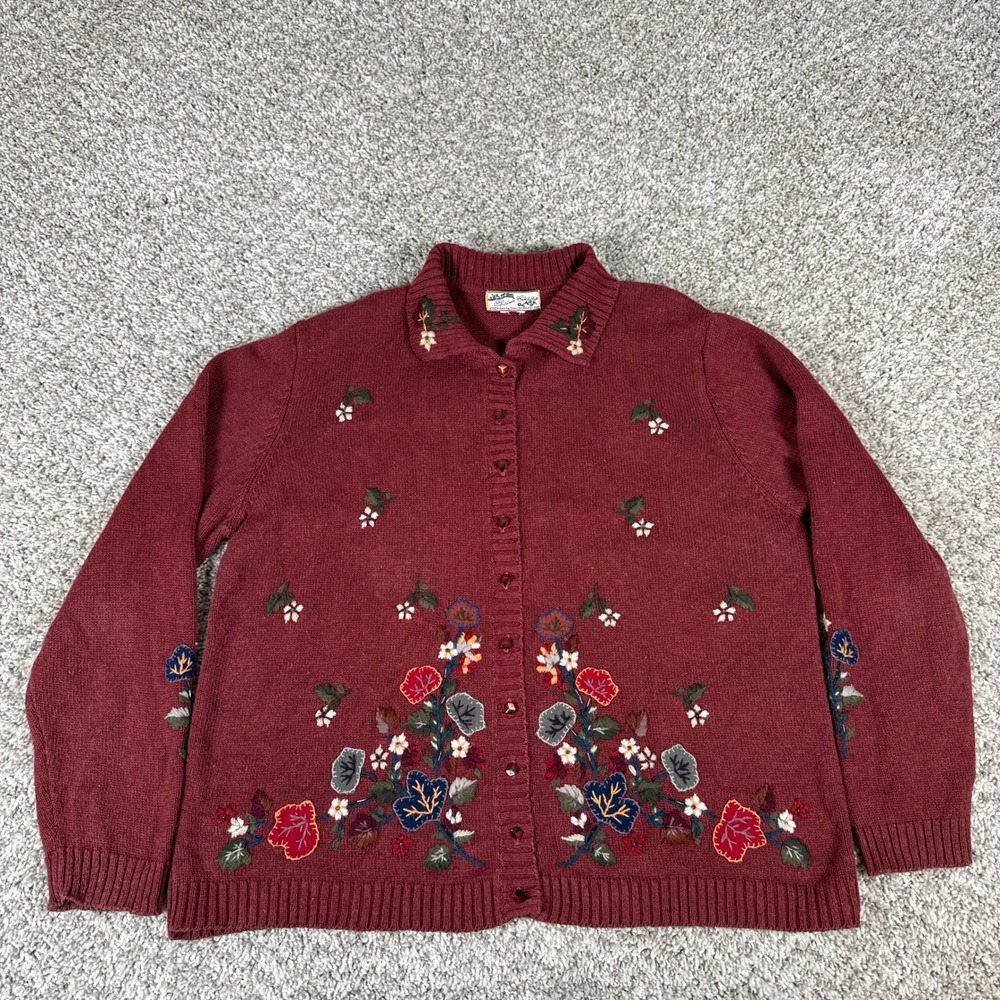 Heirloom Collectibles Cardigan Womens L Red Floral Embroidered Cottagecore